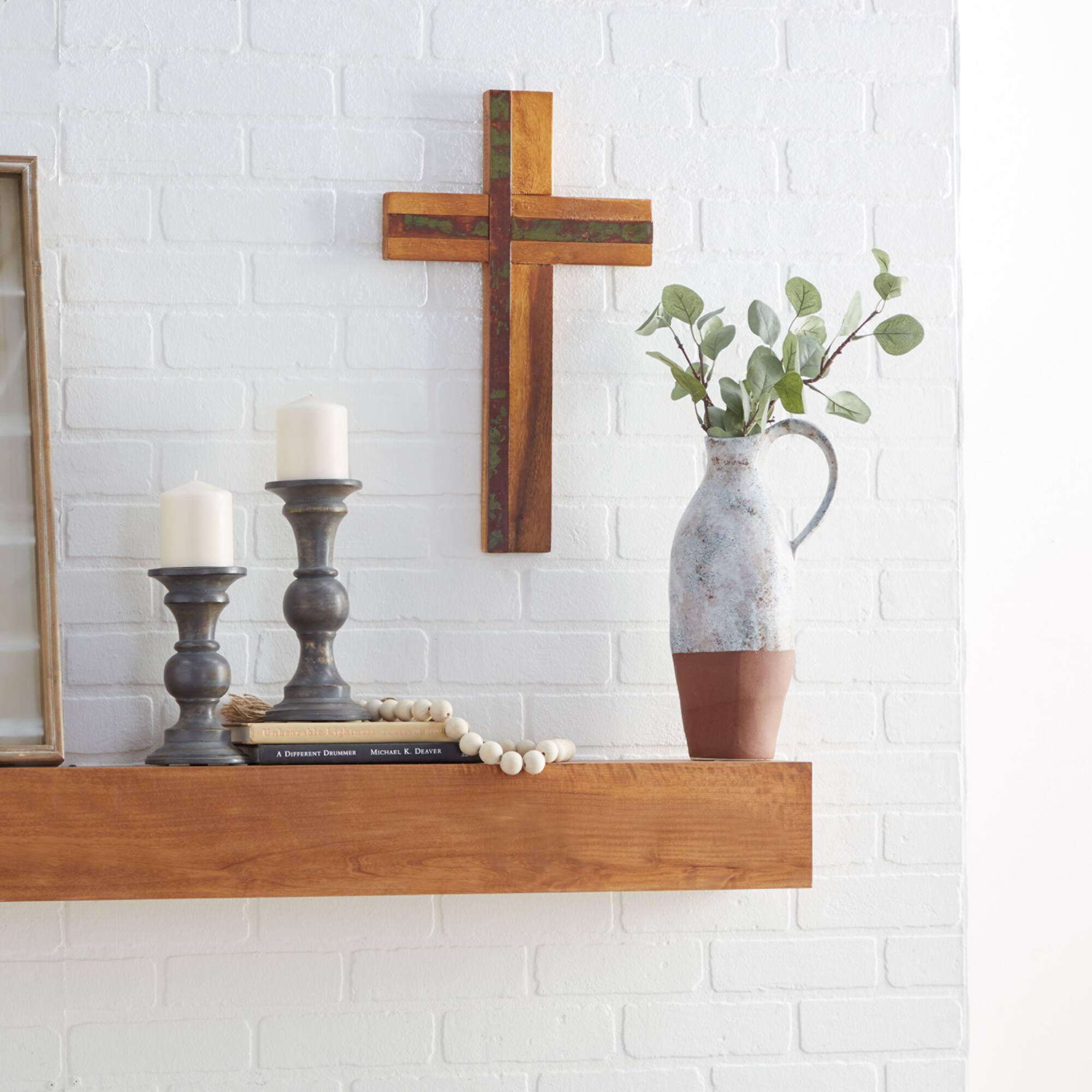 Brown Wood Rustic Cross Sculpture, 18" x 10" x 4"